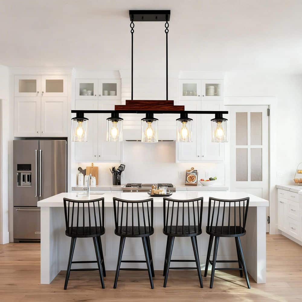 5 Light Farmhouse Black Kitchen Island Pendant Light Metal Wood Chandelier with Clear Glass Shades Adjustable Height price history on PriceWatchPro