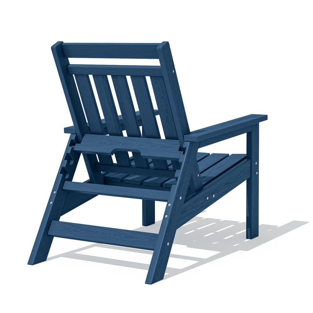 Rear view of the dark blue adjustable Adirondack chair.