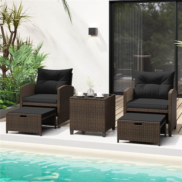 Brown 5-Piece Metal Patio Conversation Set with 2 Ottomans and Tempered Glass Coffee Table and Cushion Black