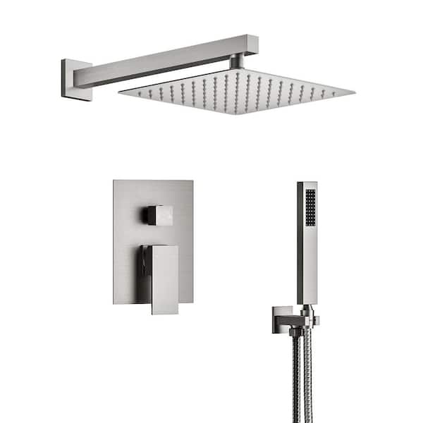 YAWWALK Double Handle 2-Spray Shower Faucet 10 in. Square Shower Head with High Pressure in Brushed Nickel (Valve Included)