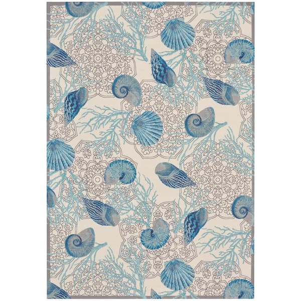 Waverly Sun N' Shade Ivory Blue 10 ft. x 13 ft. Floral Geometric Contemporary Indoor/Outdoor Area Rug