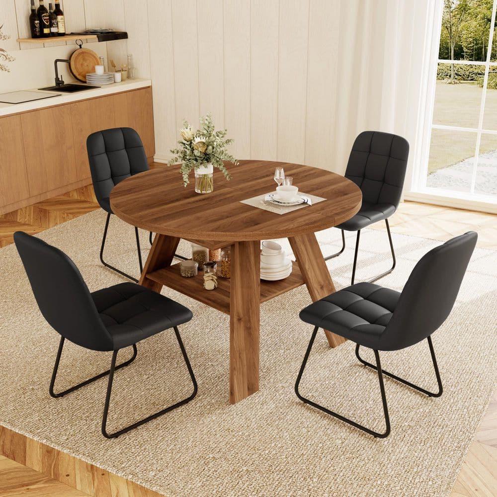 5-Pieces Round Walnut MDF Top Extendable ining Table Set Seating 4 People with 4 U-shaped Black Chairs price history on PriceWatchPro