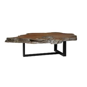 50 in. Gray Medium Round Teak Wood Handmade Live Edge Wood Slab Coffee Table with Black T Stand Base