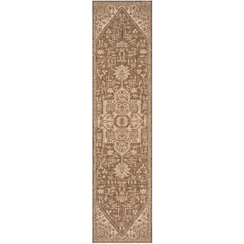 Cream and Beige Synthetic Medallion Runner Rug, 2'2" x 12'