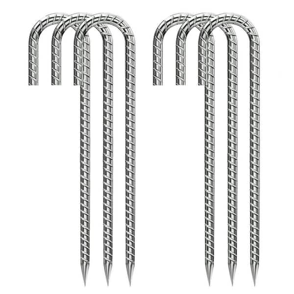 0.3 in. x 1 ft. Rebar Tent Stakes Silver J-Hook Ground Stakes for Outdoor Lawn, Inflatables, Canopy, Swing Set, 6 Pcs