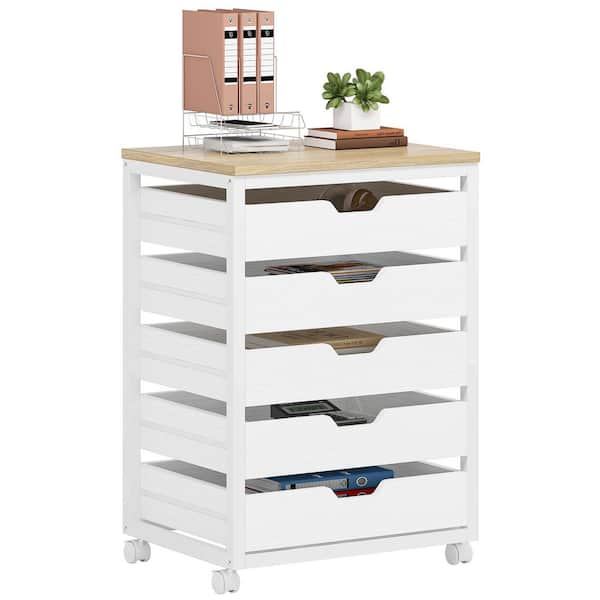 White 31 in. H Office Storage Cabinet with 5 of Drawers with Wheels