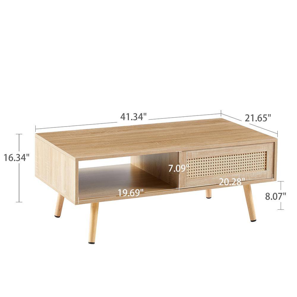 Natural Wood and MDF Rectangular Coffee Table with Rattan Detail
