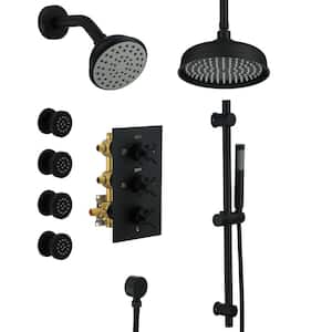 1-Spray Patterns with 2.5 GPM 8 in. Wall Mount Dual Shower Heads, Hand Shower and 4 Body Sprays in Matte Black