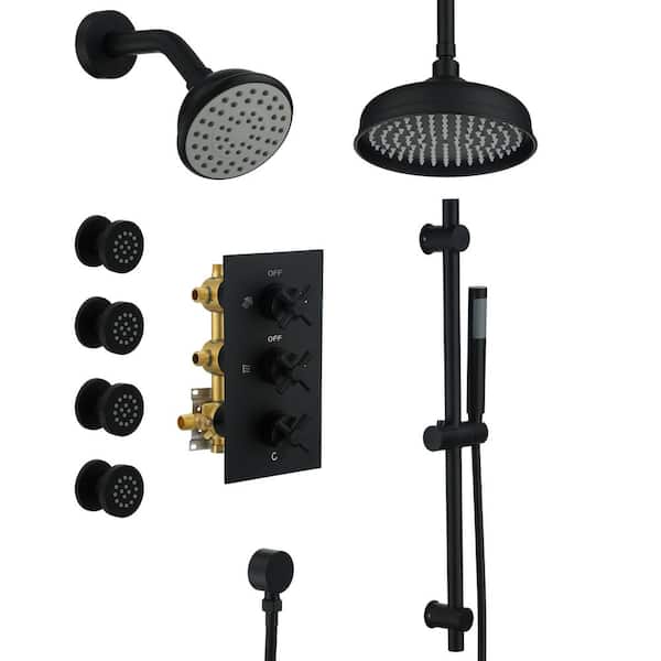 Boyel Living 8 in. 1-Spray Patterns Dual Wall Mount Shower Heads with 2.5 GPM Hand Shower and 4 Body Sprays in Matte Black