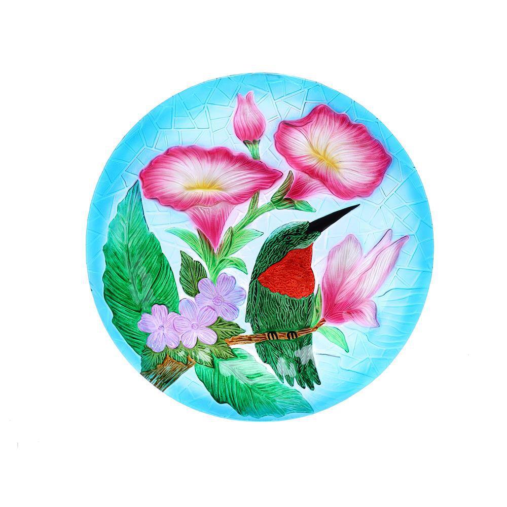 Hummingbird Floral Glass Birdbath with Metal Stand