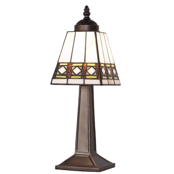 MEYDA Diamond Band 10 in. Mahogany Bronze Victorian Mini Table Lamp with Multicolored Stained Glass Shade