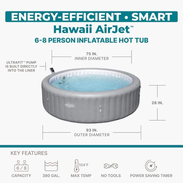 SaluSpa 8-Person 190 Jets 120 V Hawaii Smart AirJet Inflatable Hot Tub with EnergySense Cover