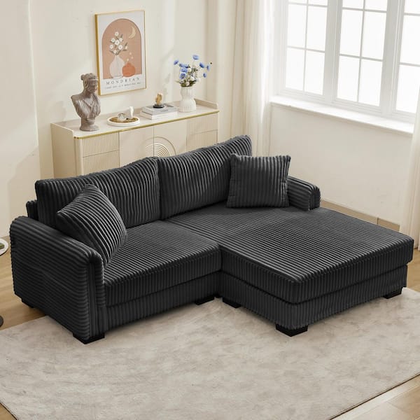 86.6 in. L-Shaped Corduroy Sectional Sofa, Chaise Sofa in Gray with USB-C Charging Port, Storage Pocket, Ottoman
