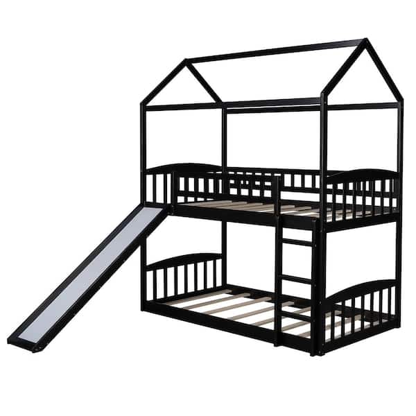 wetiny Espresso Twin Bunk Bed with Slide, House Bed with Slide