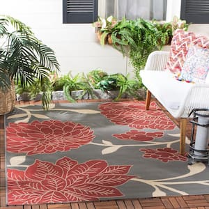 Courtyard Anthracite/Red Doormat 2 ft. x 4 ft. Floral Indoor/Outdoor Patio Area Rug