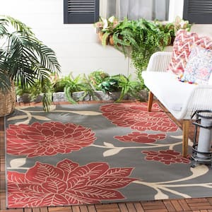 Courtyard Anthracite/Red Doormat 3 ft. x 5 ft. Floral Indoor/Outdoor Patio Area Rug