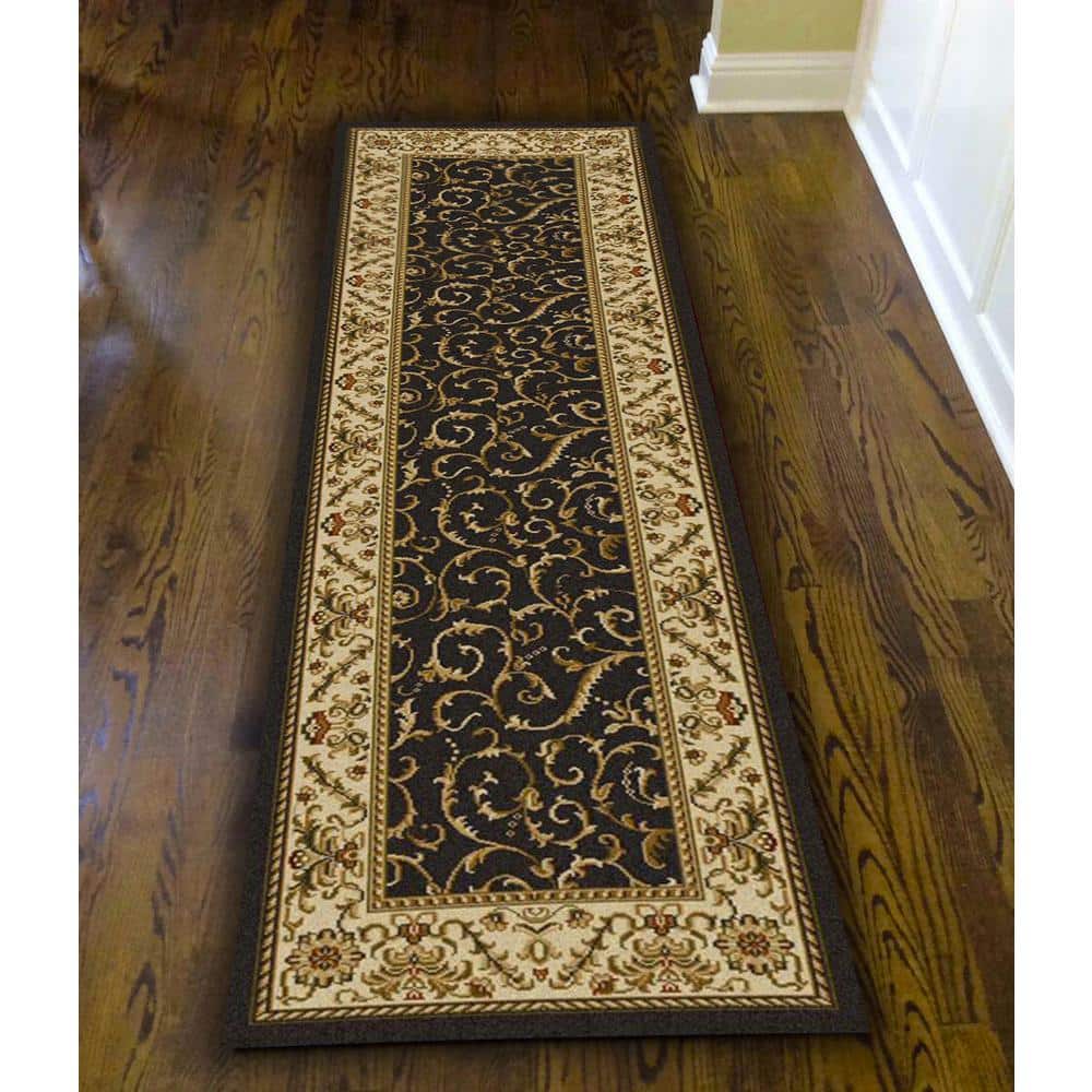Como Traditional Warm Brown Floral Border Runner Rug