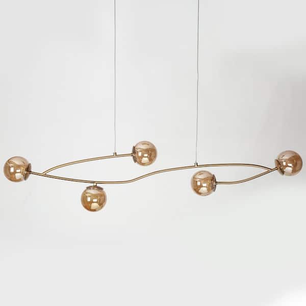 Cenlindes 5-Light Plating Brass Branch Integrated LED Chandelier with Gold-Flecked Glass Globes Modern Linear Light