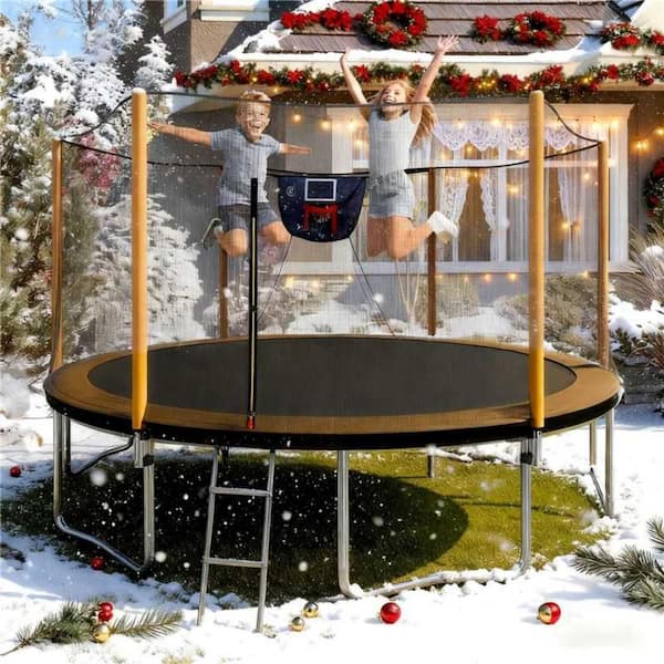 14FT Advanced Trampoline with Basketball Hoop Inflator and Ladder in Orange