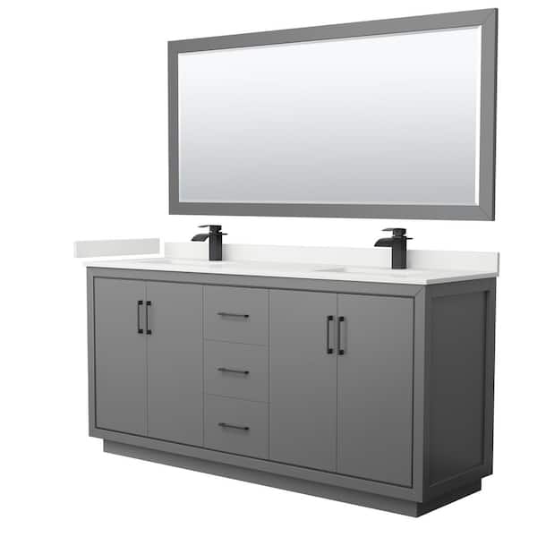 Wyndham Collection Icon 72 in. W x 22 in. D x 35 in. H Double Bath Vanity in Dark Gray with White Quartz Top and 70 in. Mirror