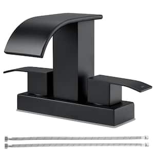 4 in. Centerset Double Handle Waterfall Spout Bathroom Vessel Sink Faucet with Supply Lines in Black