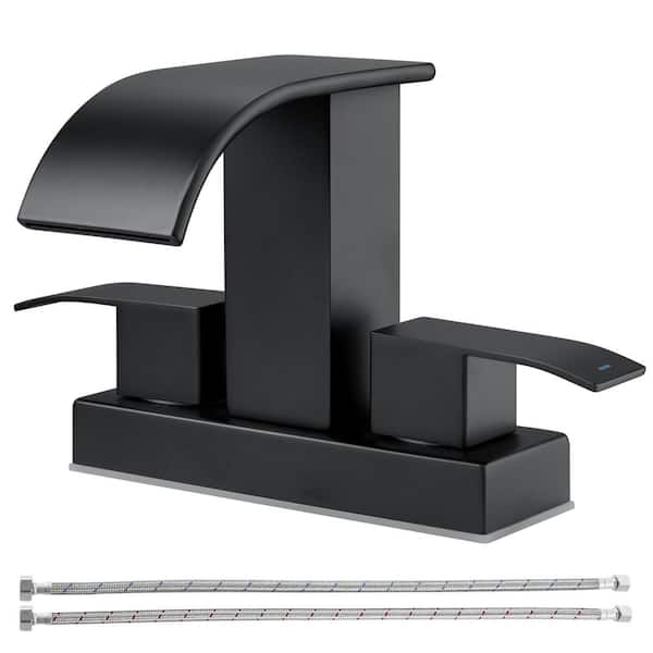GAGALIFE 4 in. Centerset Double Handle Waterfall Spout Bathroom Vessel Sink Faucet with Supply Lines in Black