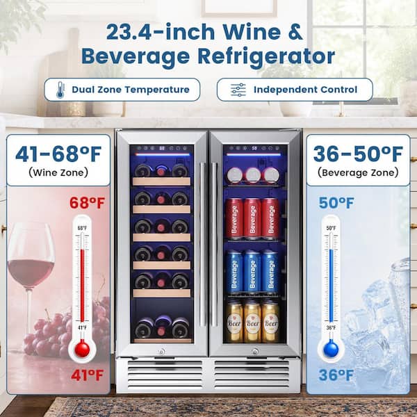 24 in. Dual Zone 18-Wine Bottles and 56-Cans Beverage and Wine Cooler in Silver