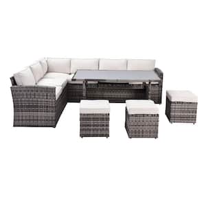Gray 7-Piece PE Rattan Wicker Patio Outdoor Dining Sectional Sofa Set with Beige Cushions