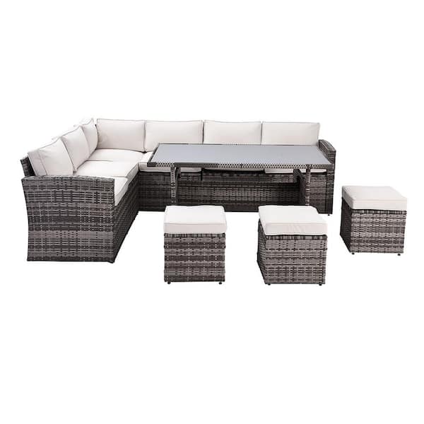 Sudzendf Gray 7-Piece PE Rattan Wicker Patio Outdoor Dining Sectional Sofa Set with Beige Cushions