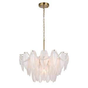 Eugenia 20.5 in. 7-Light Brushed Shiny Brass Glass Feather-Shaped Chandelier
