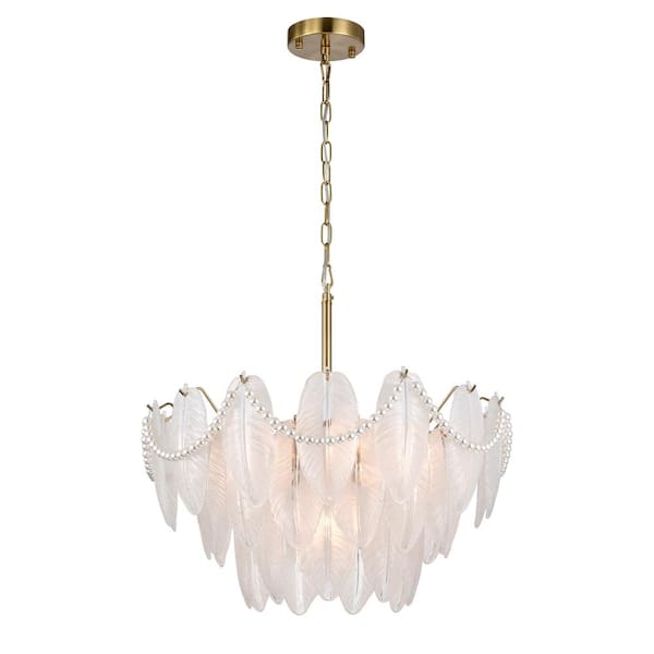Jojospring Eugenia 20.5 in. 7-Light Brushed Shiny Brass Glass Feather-Shaped Chandelier