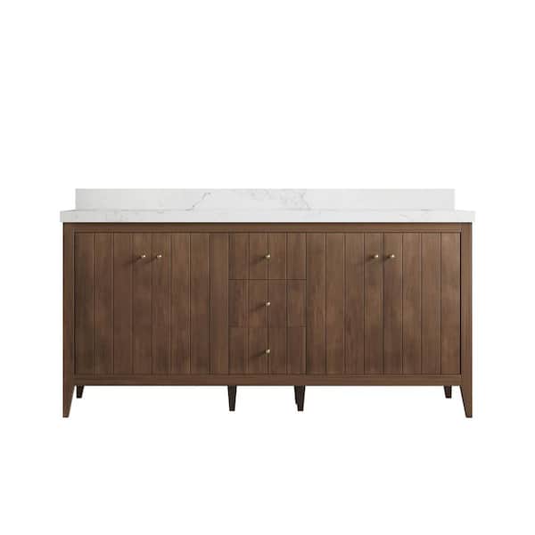 Willow Collections Atlanta Teak 72 in. Double Sink Freestanding Dark Natural Bath Vanity with Calacatta Nuvo Qt. Top Unassembled
