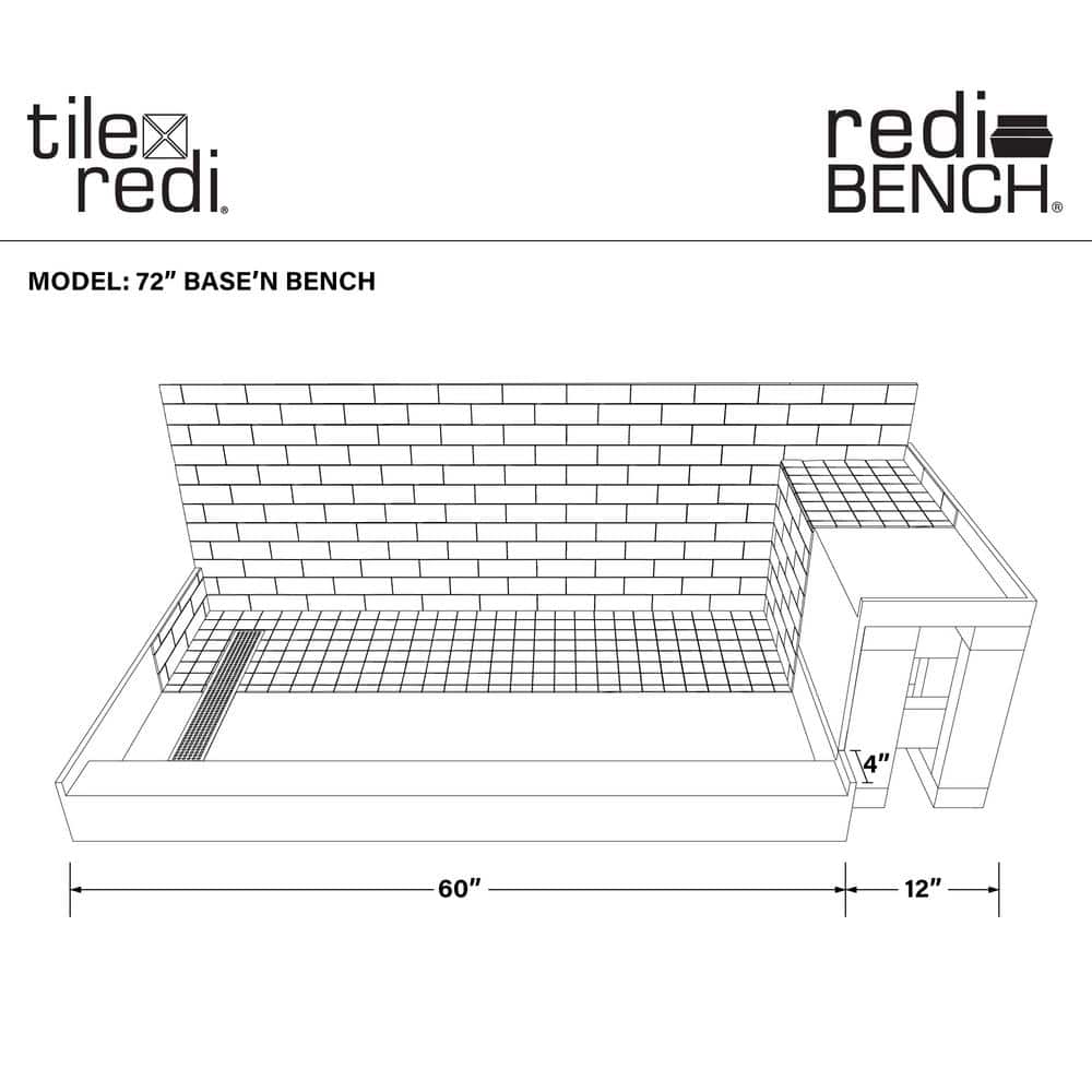72" x 36" Grey Rectangular Shower Base with Bench