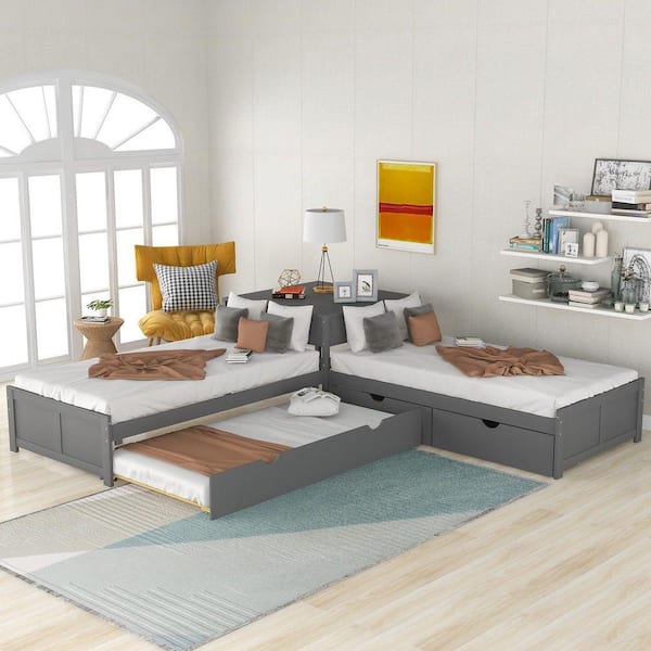Qualler Light Gray Multi-Colored Wood Frame Twin L-Shaped Platform