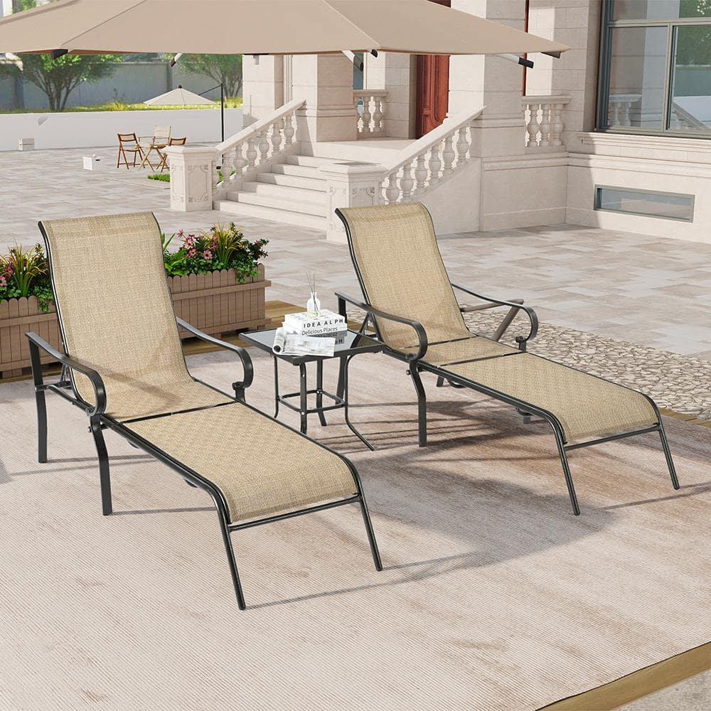 3-Piece Classic Metal Outdoor Chaise Lounge Set with Table, 5-Adjustable Ba