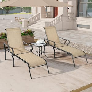 3-Piece Classic Metal Outdoor Chaise Lounge Set with Table, 5-Adjustable Backrest Patio Lounge Recliner Chair, Brown