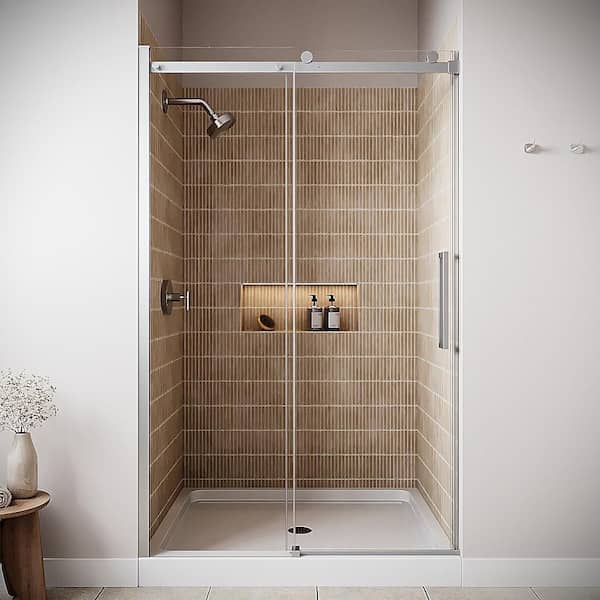 Vipava 48'' x 76'' Semi-Frameless Sliding Shower Door with CrystalTech Treated 5/16'' Glass, Polished Chrome Hardware