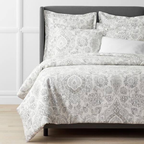 The Company Store Legends Hotel Reza Medallion Gray Floral King Relaxed Linen Duvet Cover