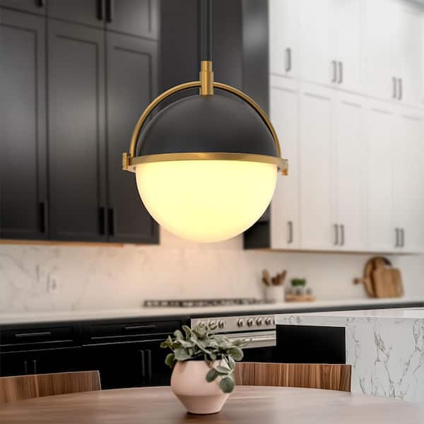 YANSUN 8 in. 1-Light Matte Black and Gold Modern Metal with Glass Globe Lighting for Kitchen Island