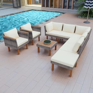9-Piece Wicker Rattan Outdoor Sectional Set Patio Conversation Set with Acacia Wood Legs and Tabletop, Beige Cushions