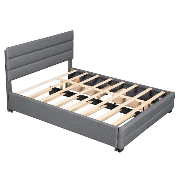 Queen Size Upholstered Bed with Trundle Storage Drawers Wood Platform Bed  Frames