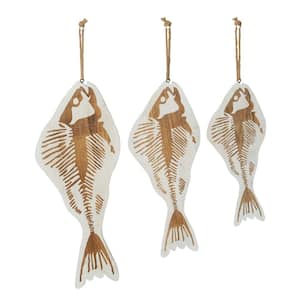 Wood White Fish Wall Decor with Hanging Rope (Set of 3)
