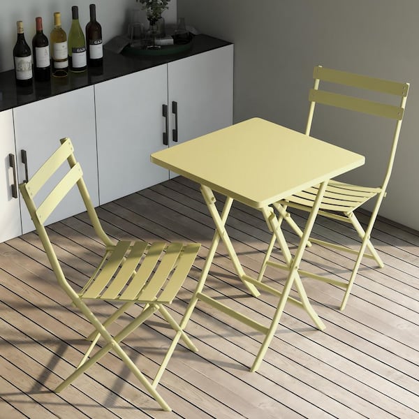 Unbranded 3-Piece Yellow Metal Outdoor Bistro Set Outdoor Patio Foldable Dining Sets Square Table and Chairs Set