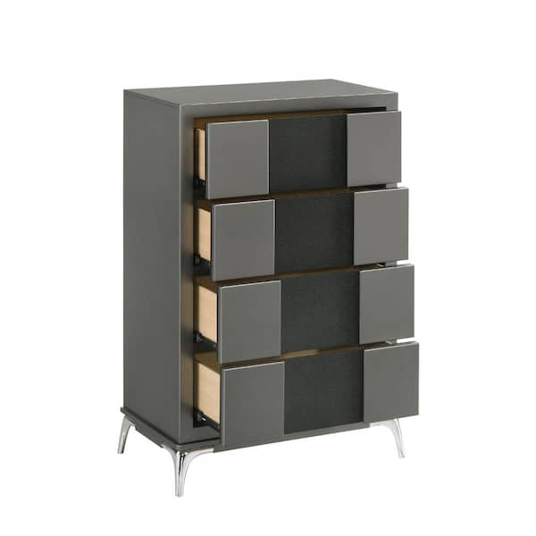 Benjara Gray and Chrome and Black 4-Drawers 47.8 in. Chest
