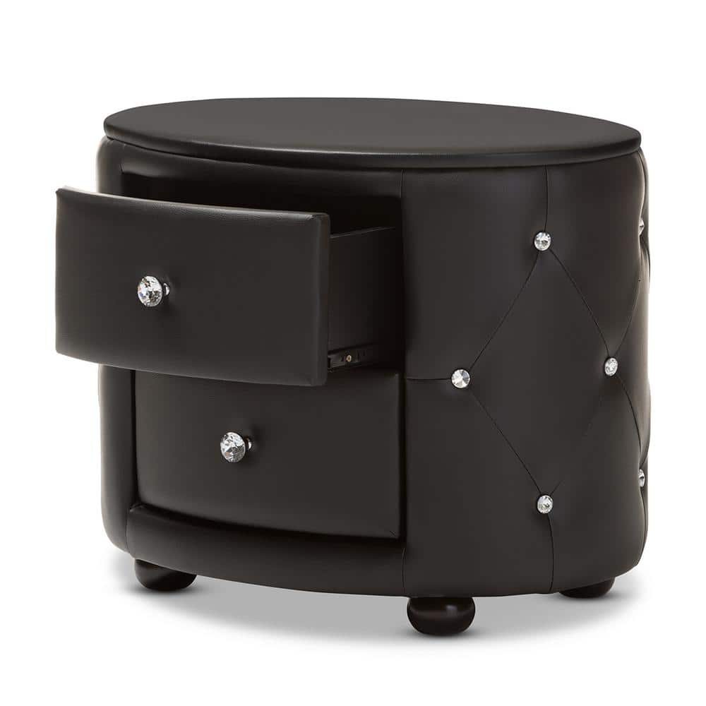 Davina Glam Black Faux Leather Tufted Nightstand with Crystal Knobs