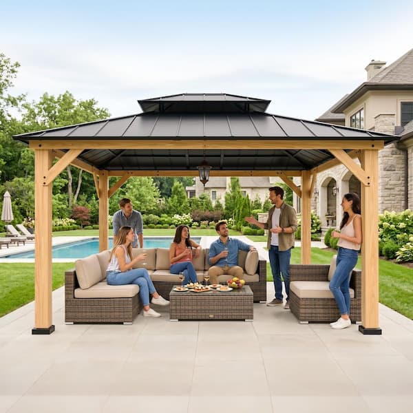 COOS BAY 13 ft. x 11 ft. Outdoor Patio Hardtop Gazebo, Cedar Wood