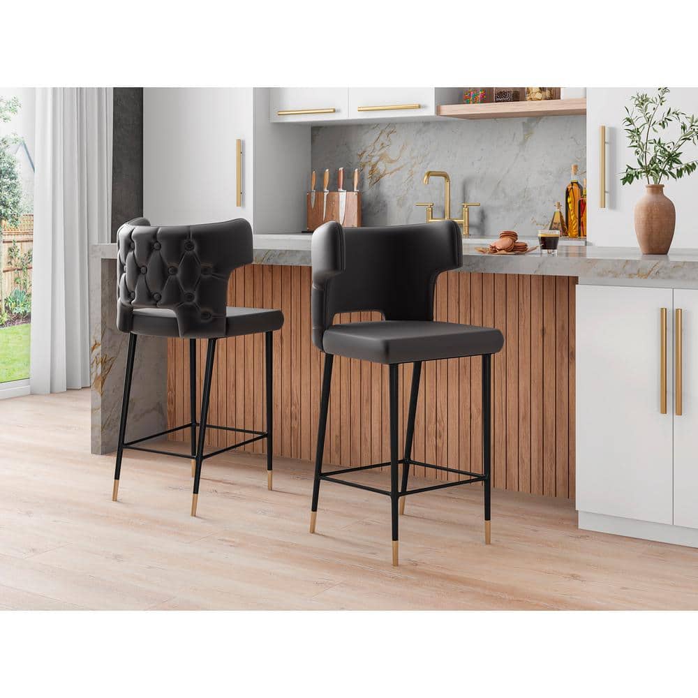 Holguin Gray Leather and Ash Wood Bar Stool with Gold Detailing