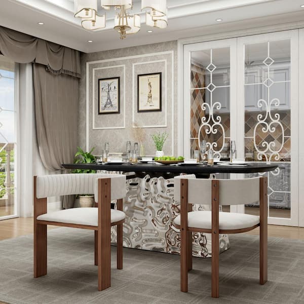 Unique Curved Back Design Beige Wooden Dining Chair with Protective Pad Suitable for Kitchen or Dining Room(Set of 2)