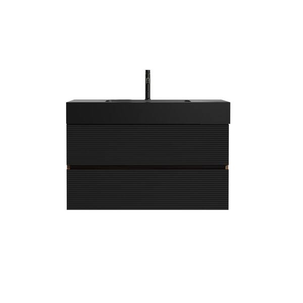 36 in. Wall-Mounted Brown Bath Vanity with Black Engineered Quartz Composite Top Assembled
