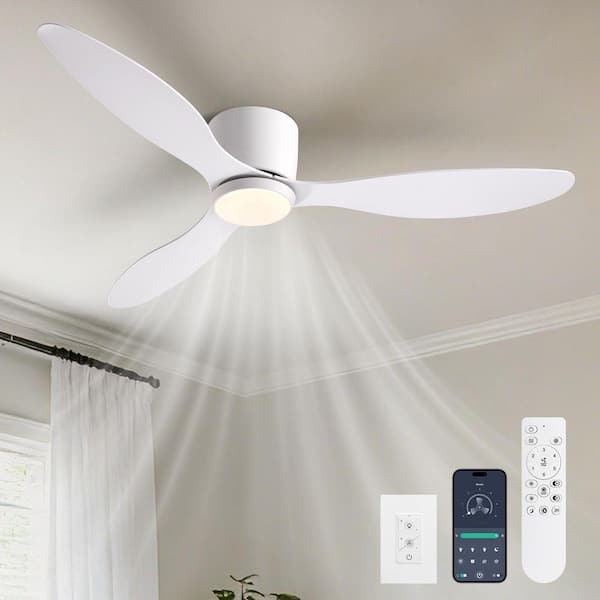 52 in. Smart Indoor Modern White Low Profile Ceiling Fans with Remote and Wall Control with Dimmable Integrated LED